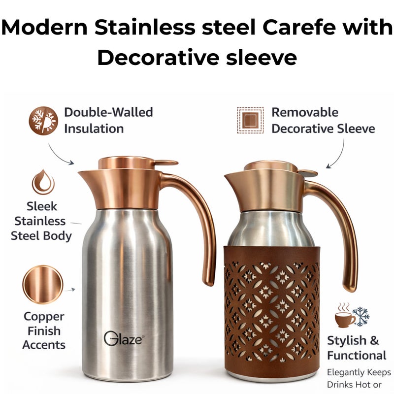 Glaze Vacuum Stainless Steel Insulated Flask 1.2L – Double Wall Thermal Carafe – 12 Hours Hot & Cold – 100% Food Grade Stainless Steel – Elegant Handle Coffee & Tea Pot – Premium Serving Thermos - Image 2